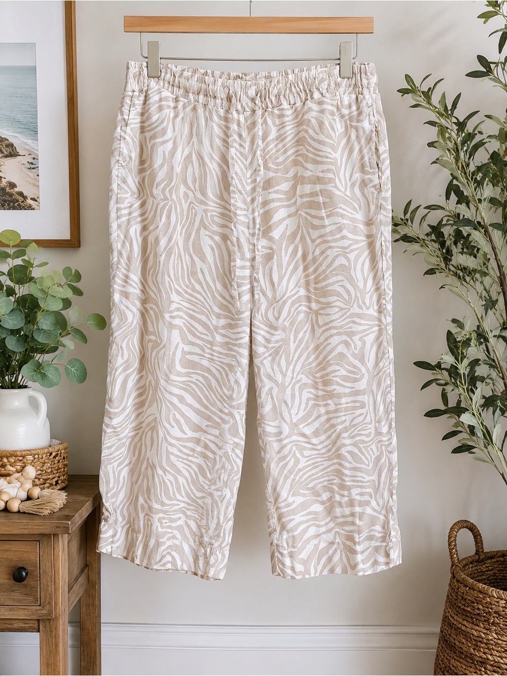 Rafaella Zebra Print Cropped Linen Blend Pants – Beige/White
